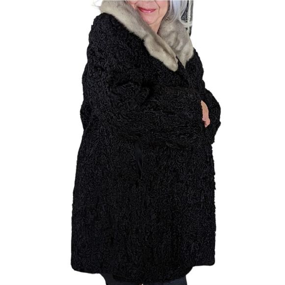 Vintage Black 50s Persian Lamb Karakul Gray Mink Collar Fur Coat Size Large - Picture 2 of 9